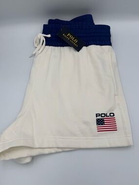 Polo by Ralph Lauren White Shorts with Navy Waistband & American Flag Accent 🆕!